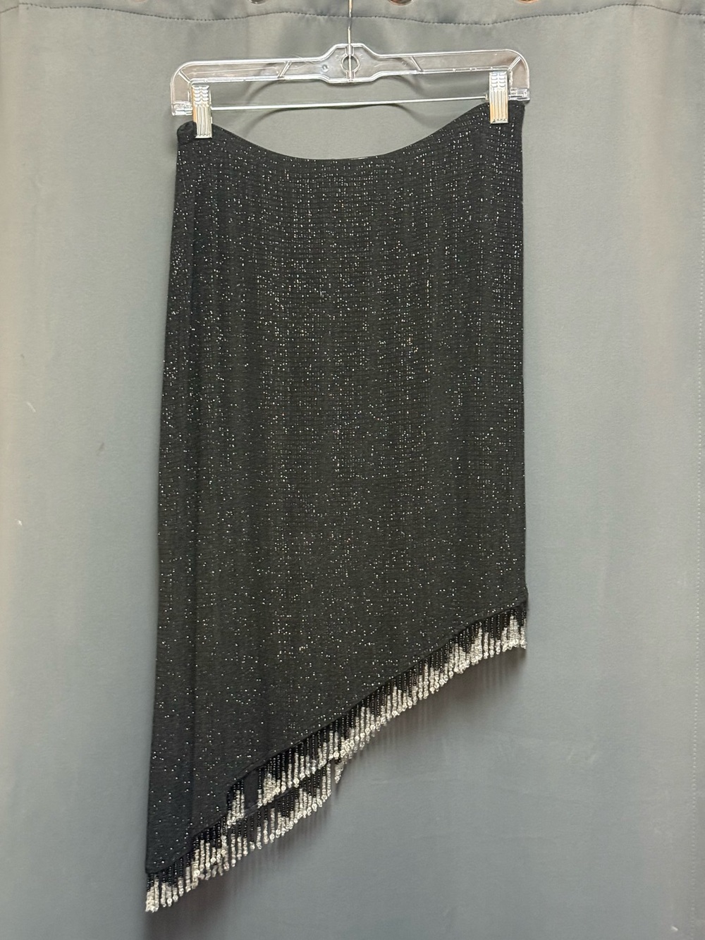 J.B.S. Black Asymmetrical Fringe Sparkle Midi Skirt